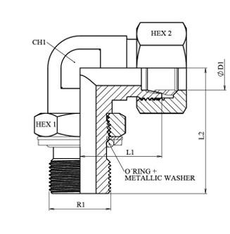 Schéma coté coude orientable mâle BSP-métrique DIN 2353 équipé (DHFCMOR)