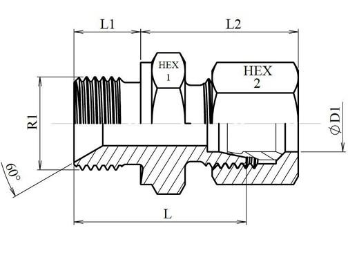 Schéma coté union simple mâle BSP cylindrique DIN 2353 équipé (DHFMCGC)