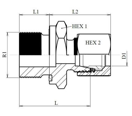 Schéma coté union simple mâle BSP joint plat DIN 2353 équipé (DHFMCGED)
