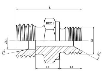 Schéma coté union simple mâle BSP cylindrique DIN 2353 nu (DHFMCBGC)