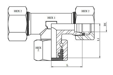 Schéma coté té orientable métrique o-ring DIN 2353 équipé (DHFSLBT)