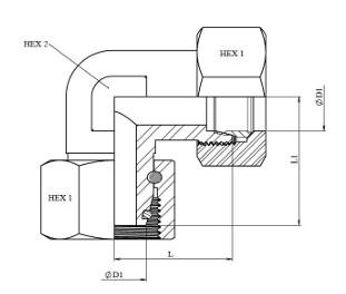 Schéma coté coude orientable métrique o-ring DIN 2353 équipé (DHFSLE)