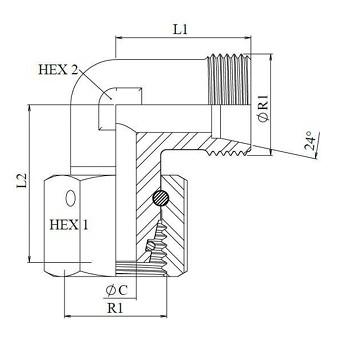 Schéma coté coude orientable métrique o-ring DIN 2353 nu (DHFSLEB)