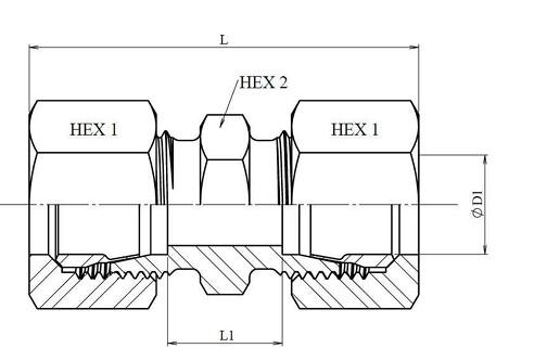 Schéma coté raccord union double DIN 2353 inox – L, L1, HEX 1, HEX 2, ØD1