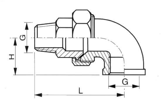 Schéma union 3 pièces coudée mâle/femelle